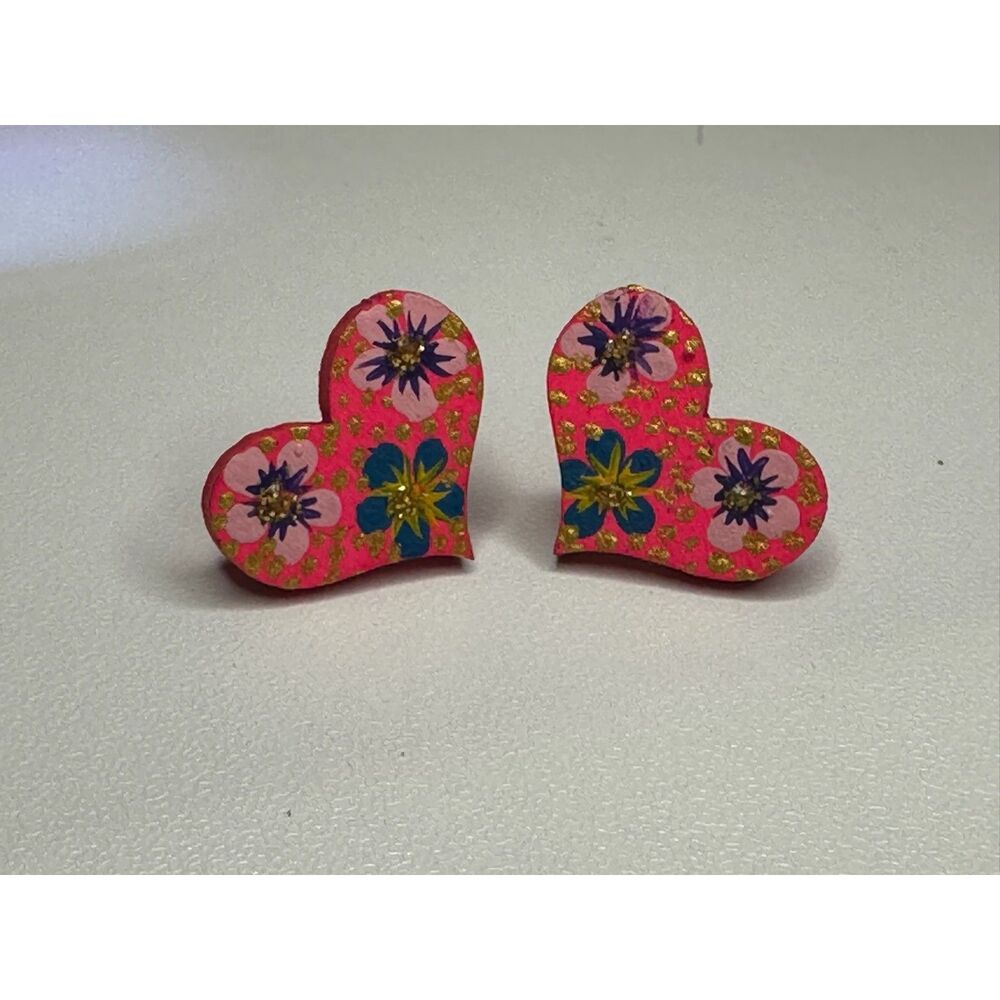 Pink Wood Heart Earrings Hand Painted Mexican Folk Art Oaxaca Floral Stud Boho
